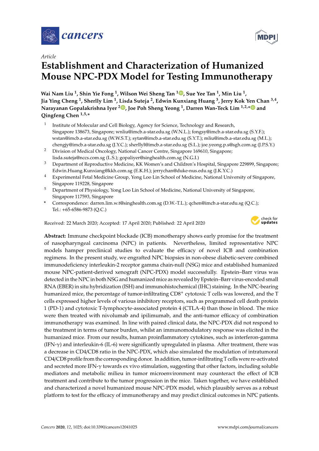 Establishment and Characterization of Humanized Mouse NPC-PDX Model for Testing Immunotherapy