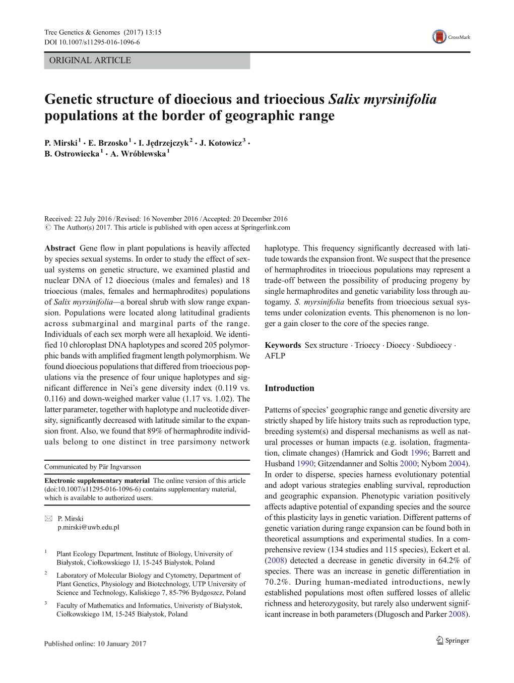 Genetic Structure of Dioecious and Trioecious Salix Myrsinifolia Populations at the Border of Geographic Range