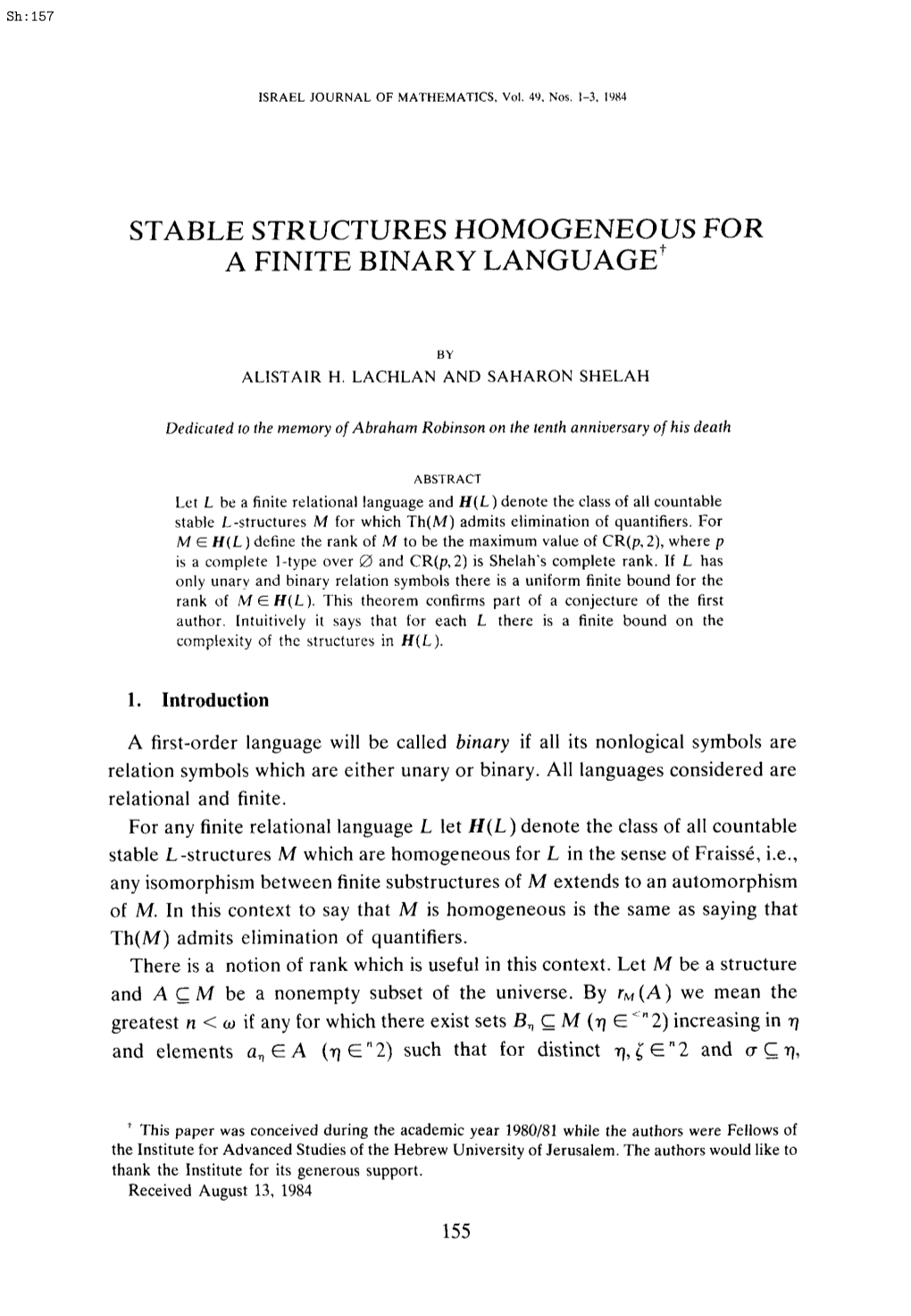 STABLE STRUCTURES HOMOGENEOUS for a FINITE BINARY LANGUAGE T