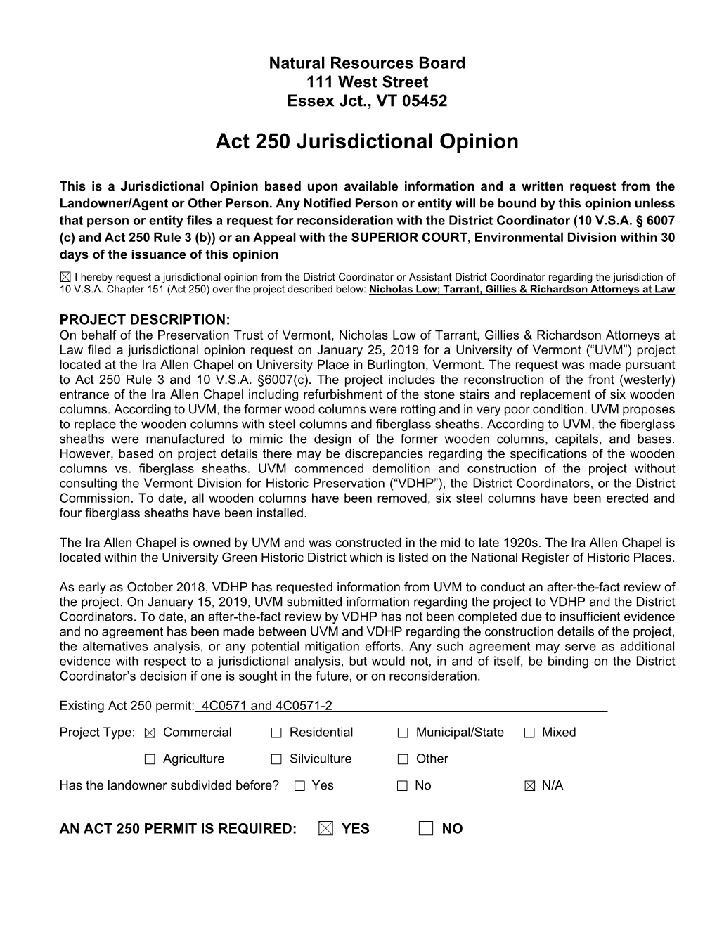 Act 250 Jurisdictional Opinion