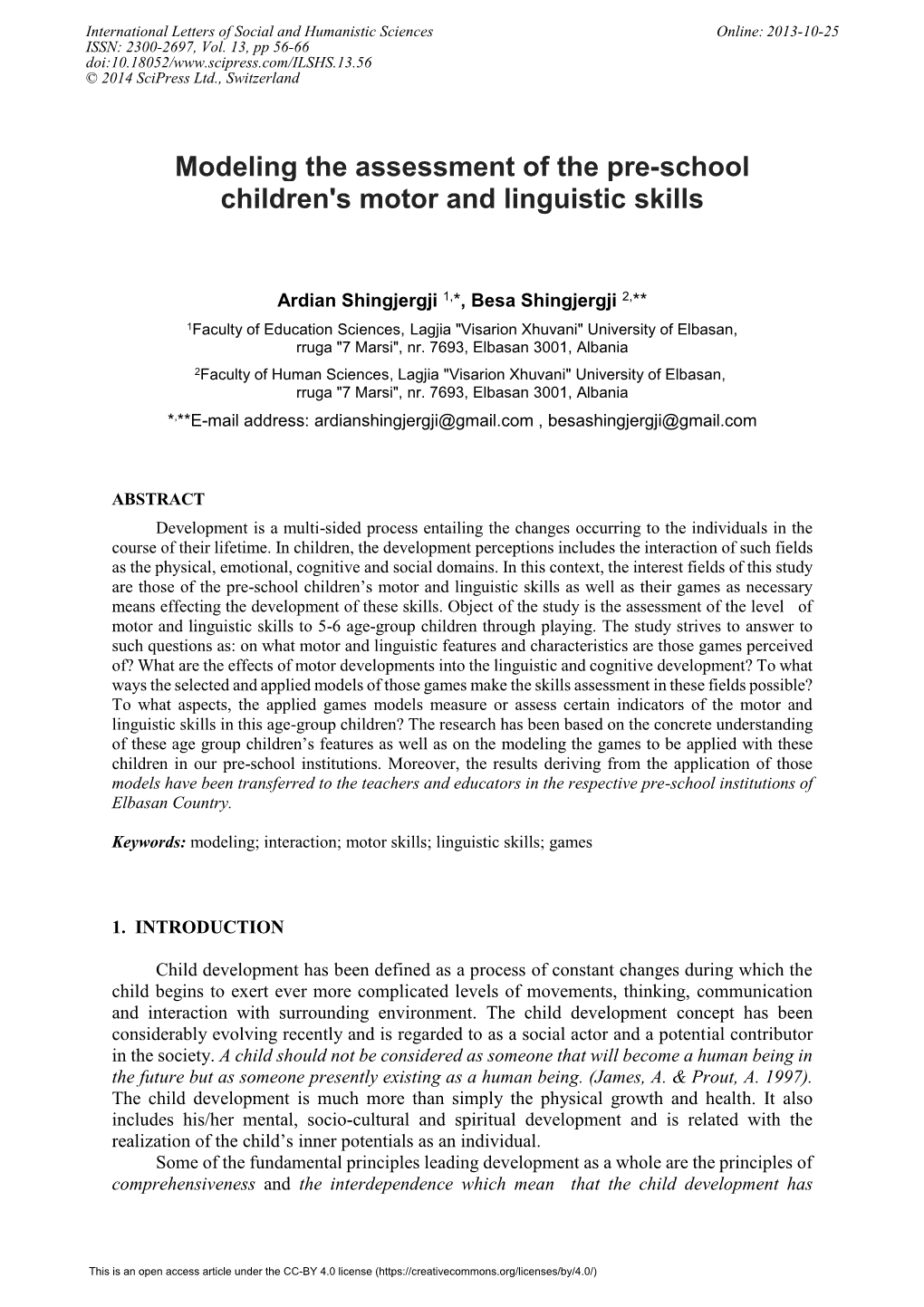 Modeling the Assessment of the Pre-School Children's Motor and Linguistic Skills