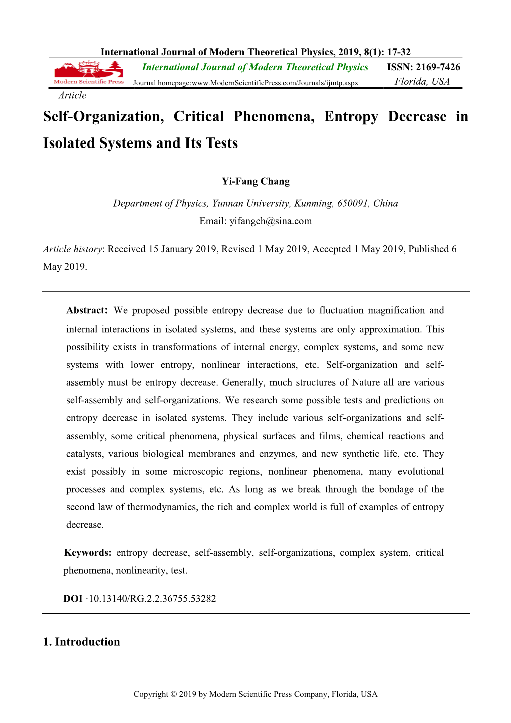 Self-Organization, Critical Phenomena, Entropy Decrease in Isolated Systems and Its Tests