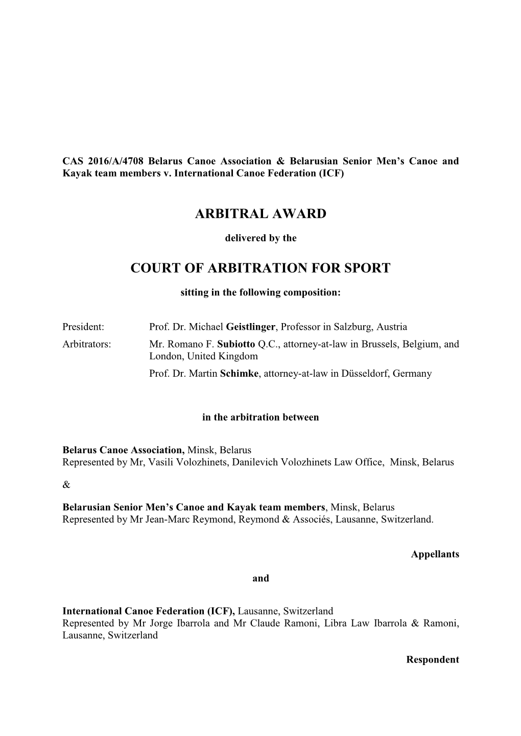 Arbitral Award Court of Arbitration for Sport