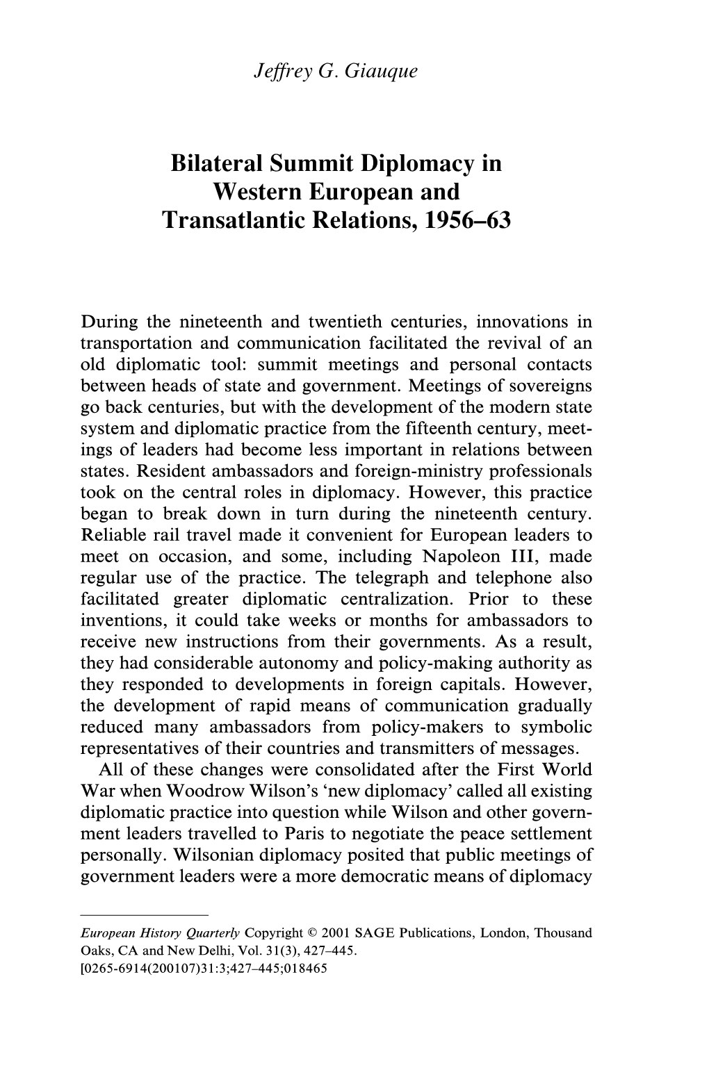 Bilateral Summit Diplomacy in Western European and Transatlantic Relations, 1956–63