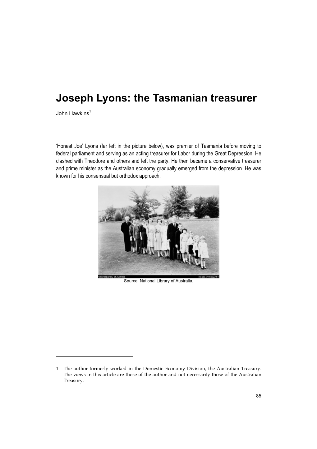 Joseph Lyons: the Tasmanian Treasurer