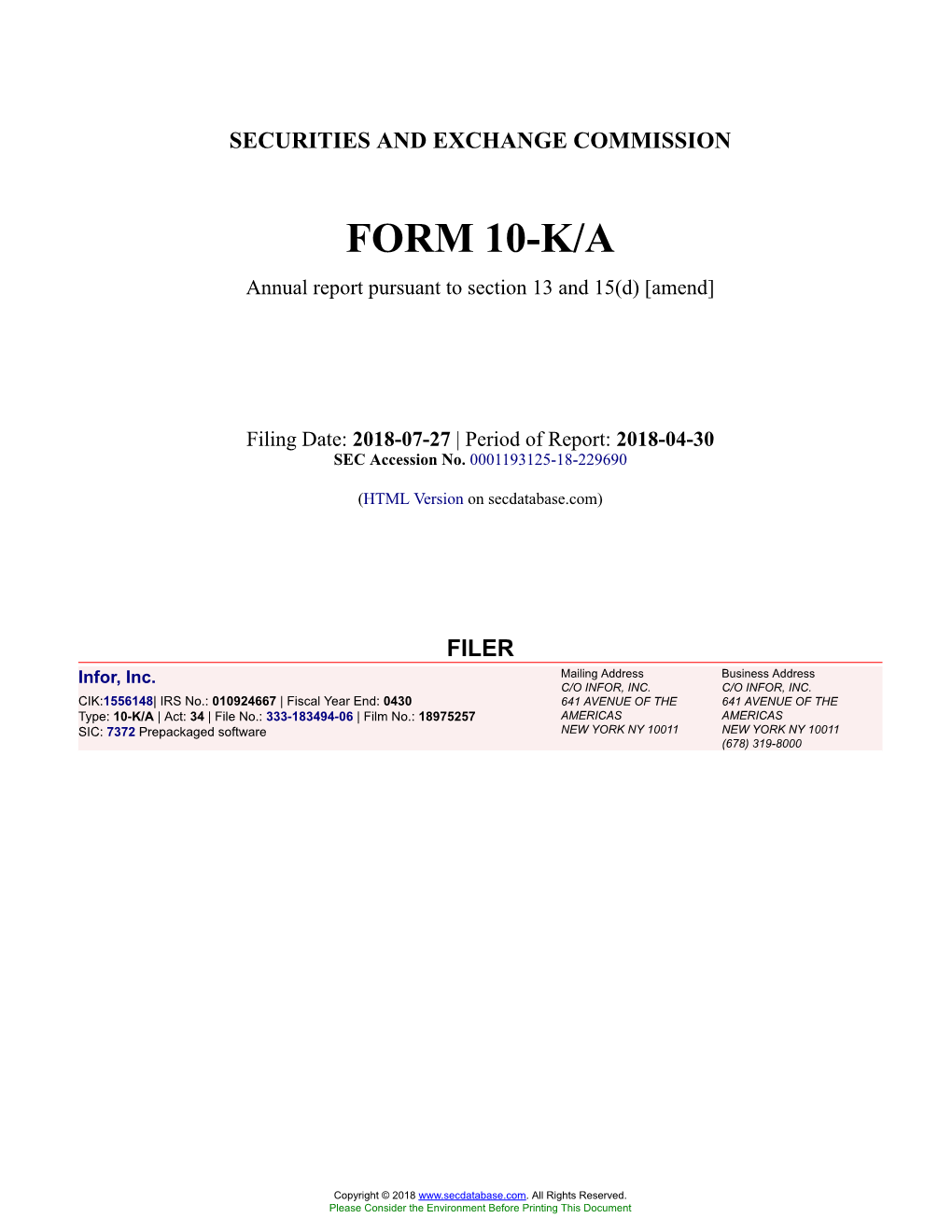 Infor, Inc. Form 10-K/A Annual Report Filed 2018-07-27