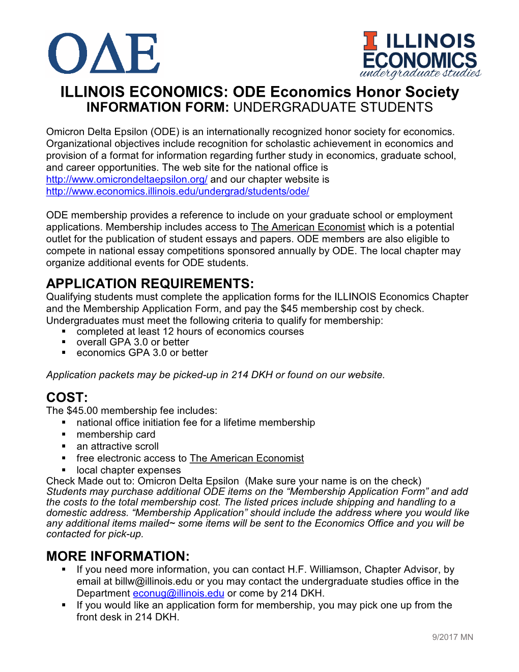ODE Economics Honor Society INFORMATION FORM: UNDERGRADUATE STUDENTS