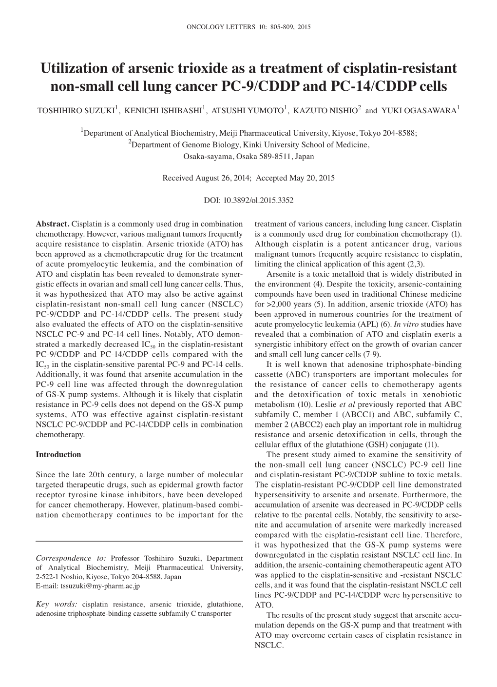 Utilization of Arsenic Trioxide As a Treatment of Cisplatin-Resistant Non-Small Cell Lung Cancer PC-9/CDDP and PC-14/CDDP Cells