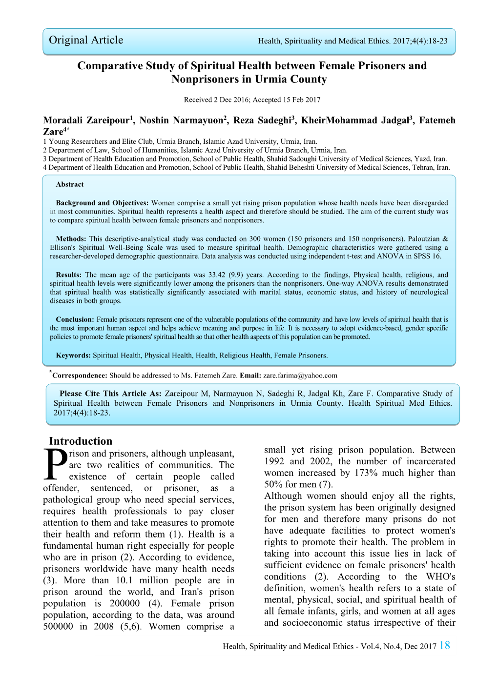 Comparative Study of Spiritual Health Between Female Prisoners and Nonprisoners in Urmia County