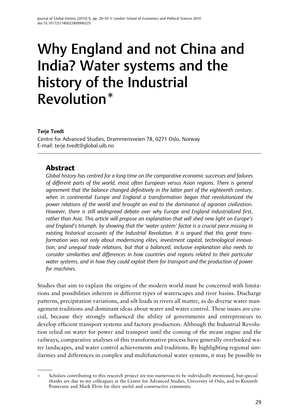 Why England and Not China and India? Water Systems and the History of the Industrial Revolution*