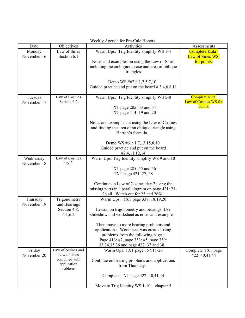 Weekly Agenda for Algebra 1B Blocks One and Three