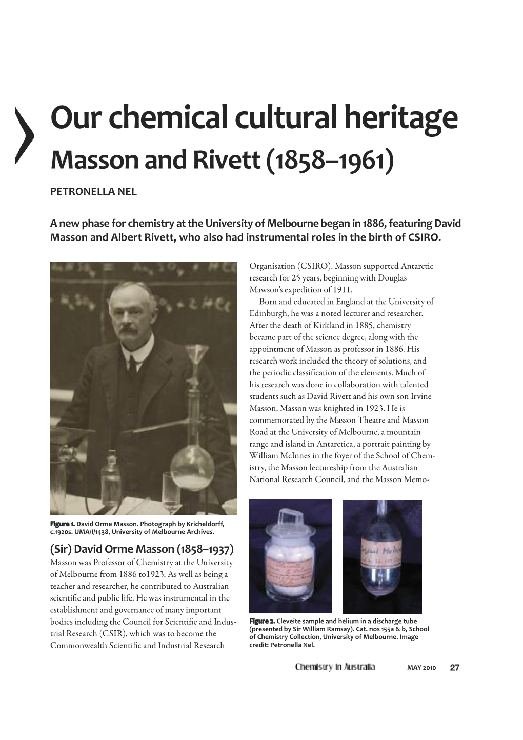 Our Chemical Cultural Heritage Masson and Rivett (1858–1961) PETRONELLA NEL