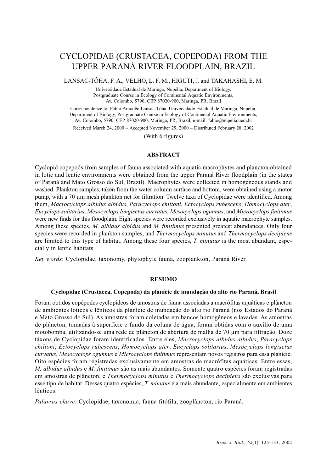 Cyclopidae (Crustacea, Copepoda) from the Upper Paraná River Floodplain, Brazil