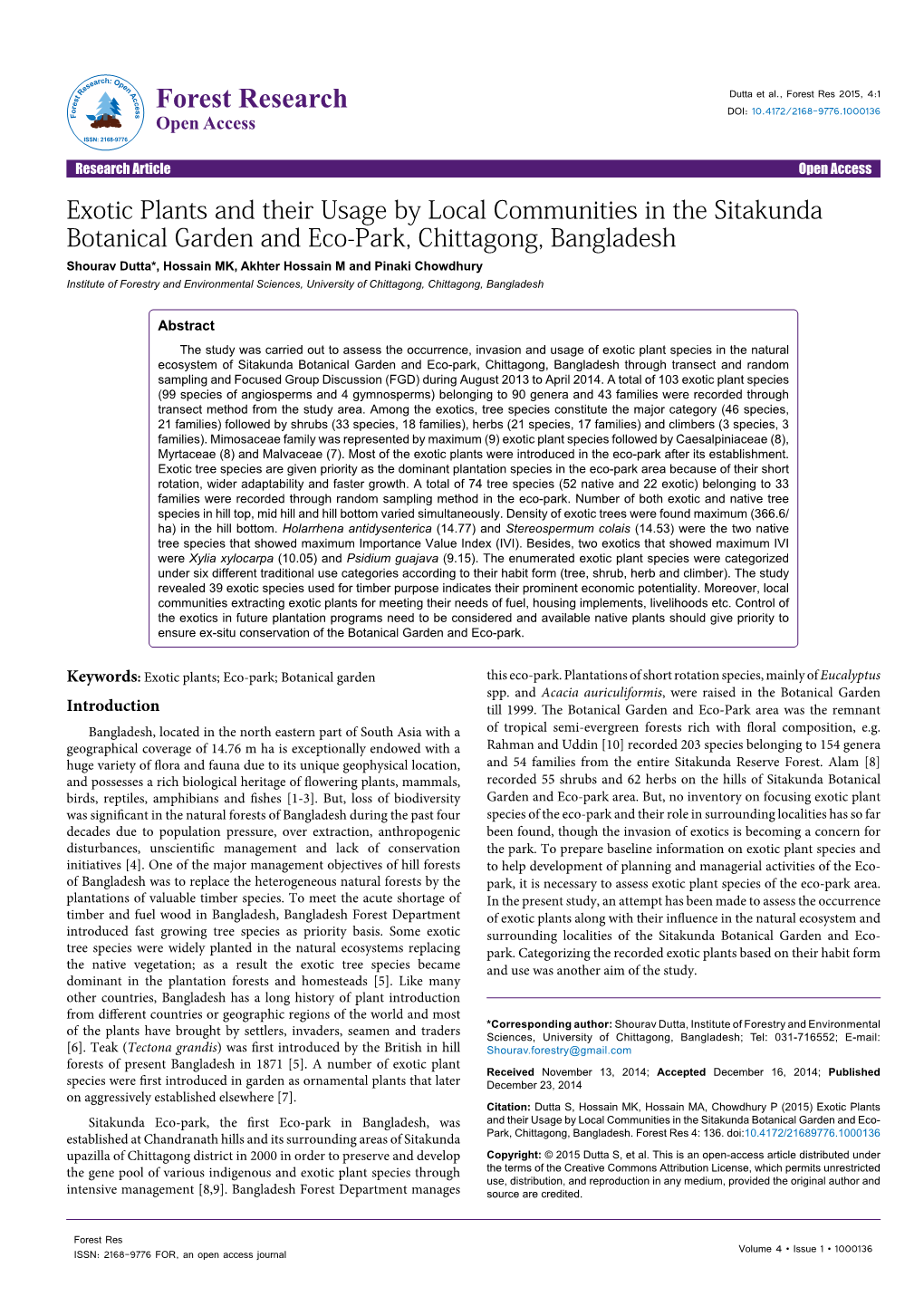 Exotic Plants and Their Usage by Local Communities in the Sitakunda