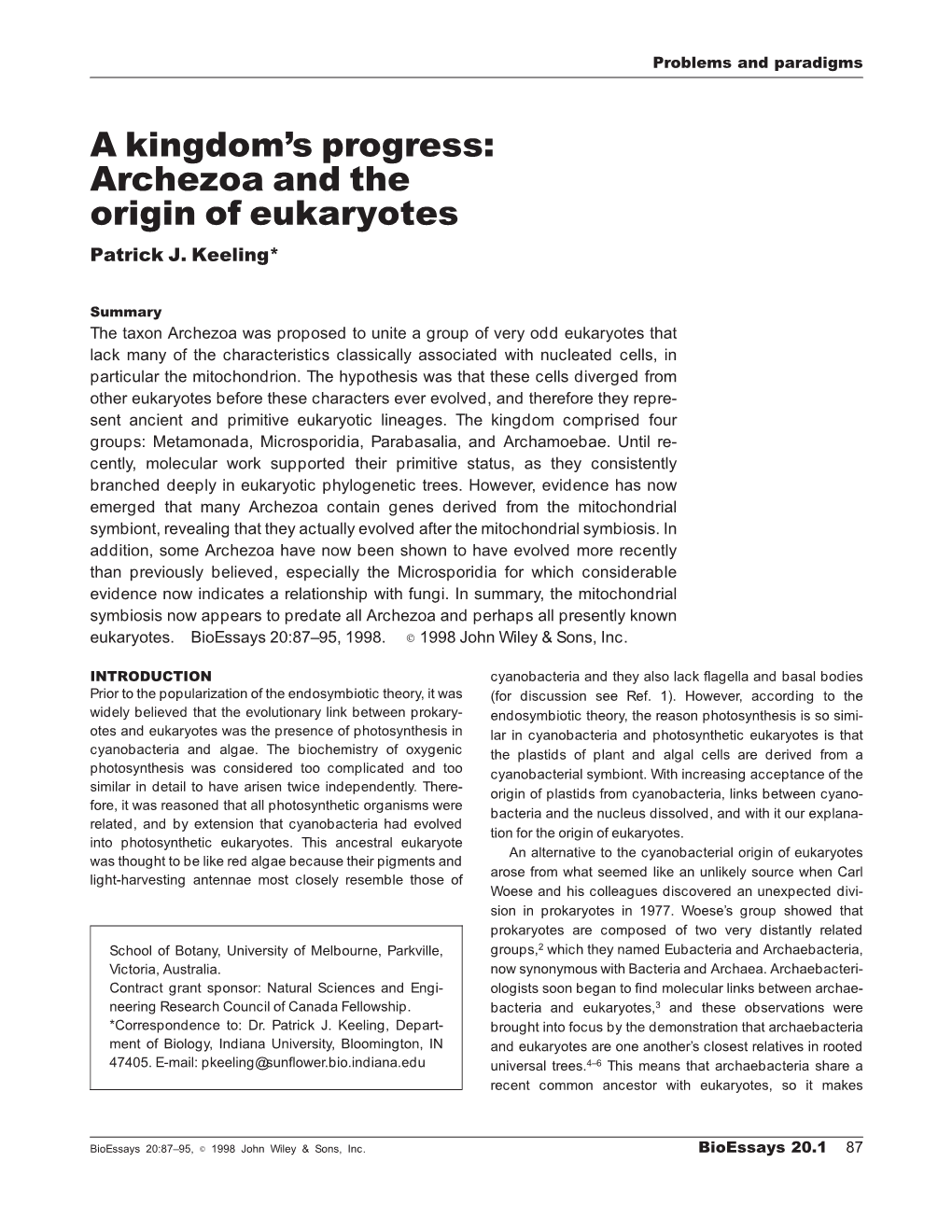 Archezoa and the Origin of Eukaryotes Patrick J