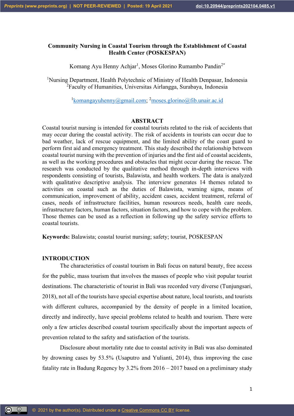 Community Nursing in Coastal Tourism Through the Establishment of Coastal Health Center (POSKESPAN)