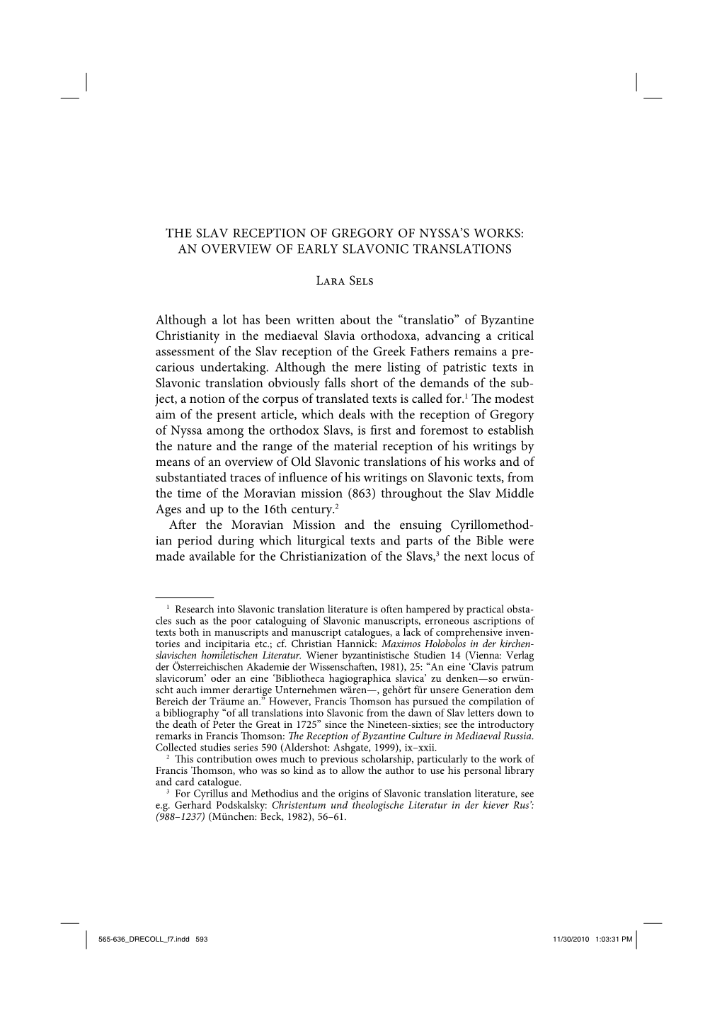 The Slav Reception of Gregory of Nyssa’S Works: an Overview of Early Slavonic Translations