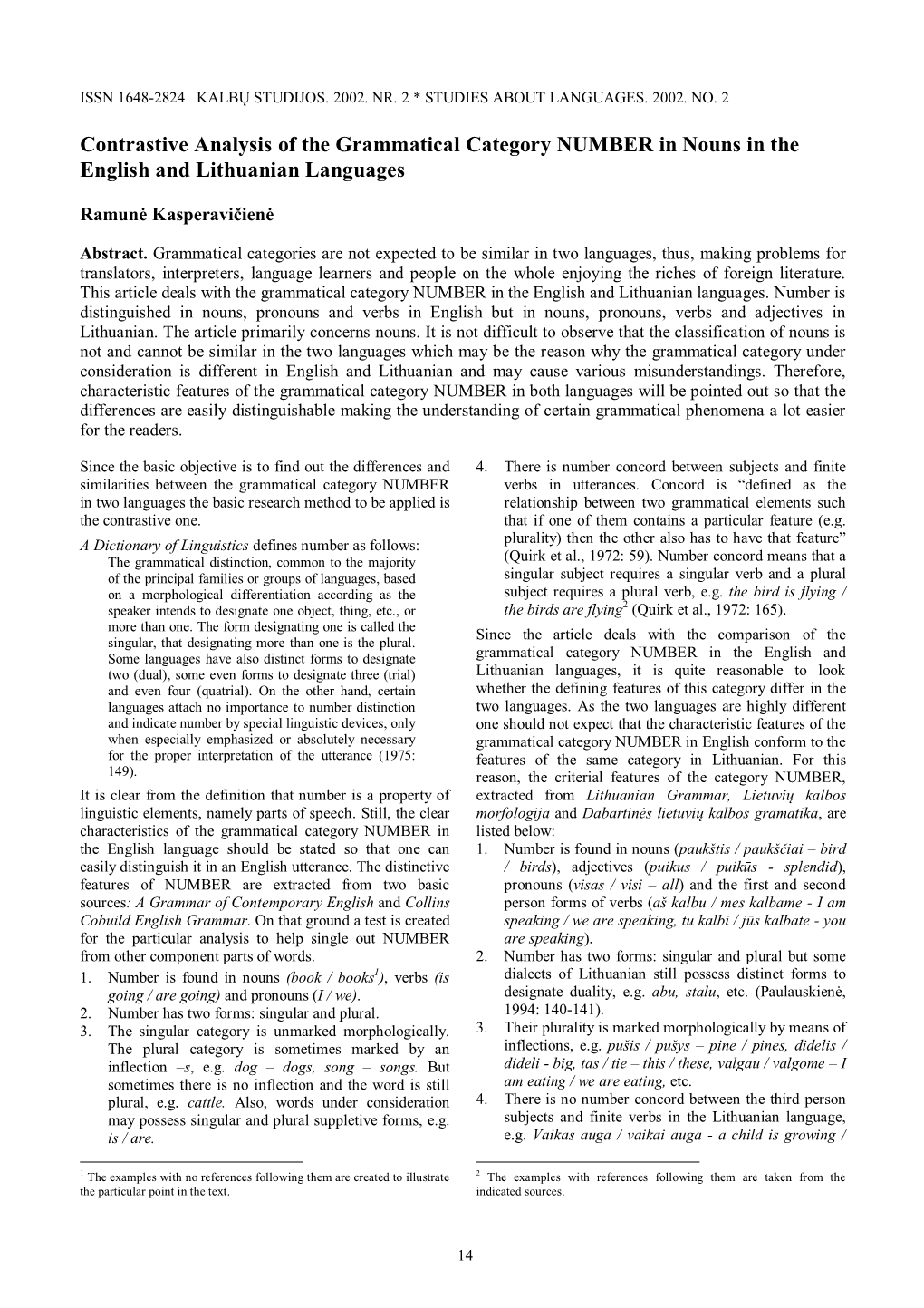 Contrastive Analysis of the Grammatical Category NUMBER in Nouns in the English and Lithuanian Languages