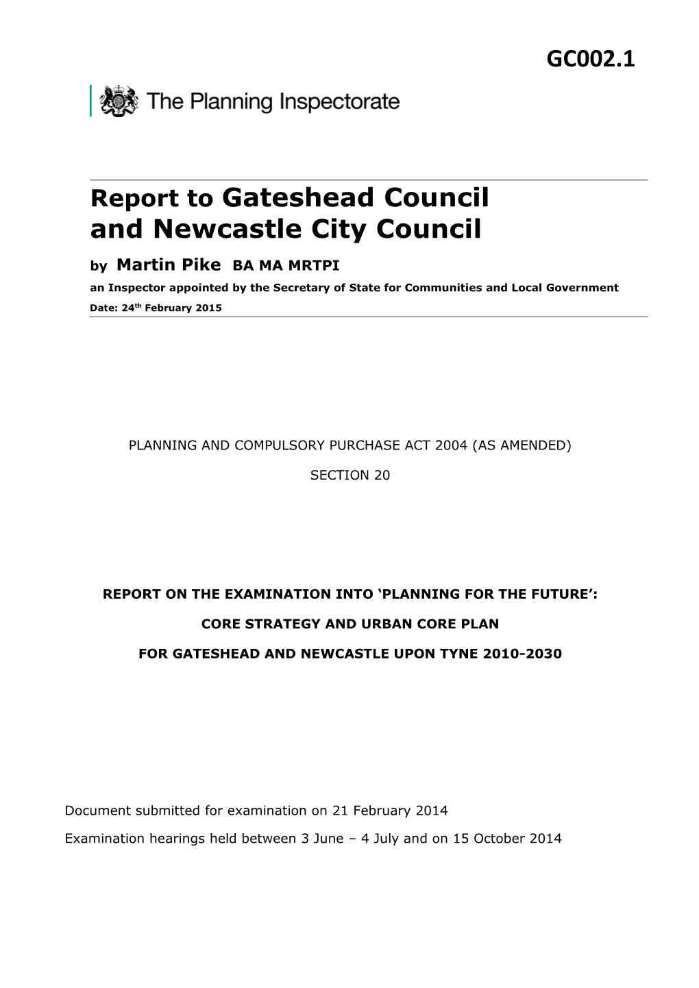 GC002.1 Report to Gateshead Council and Newcastle City Council