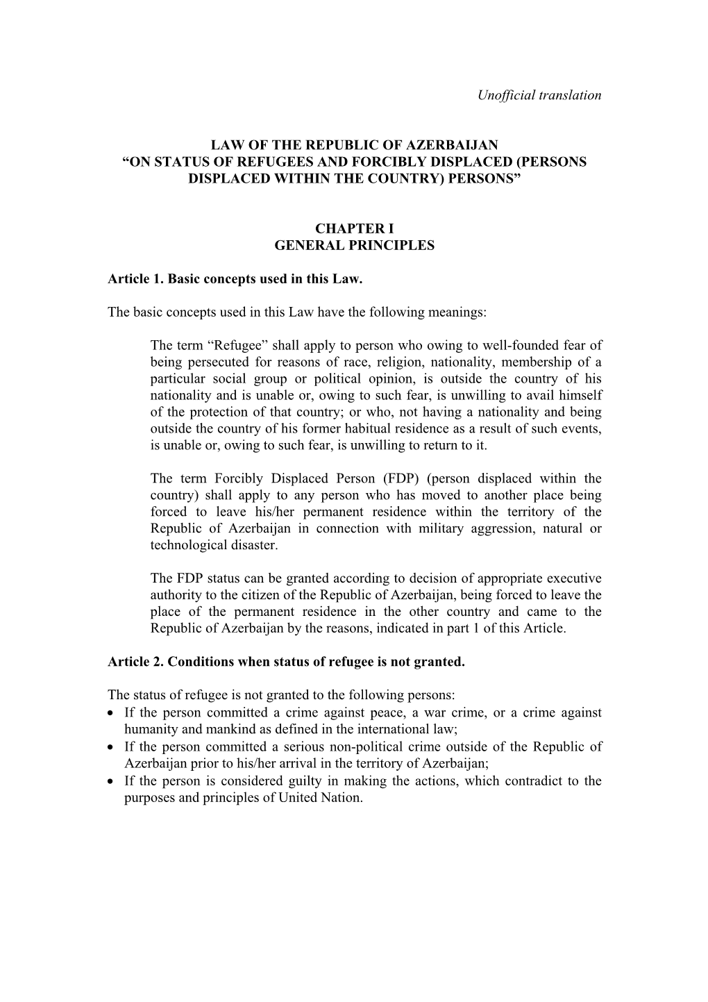 Azerbaijan “On Status of Refugees and Forcibly Displaced (Persons Displaced Within the Country) Persons”