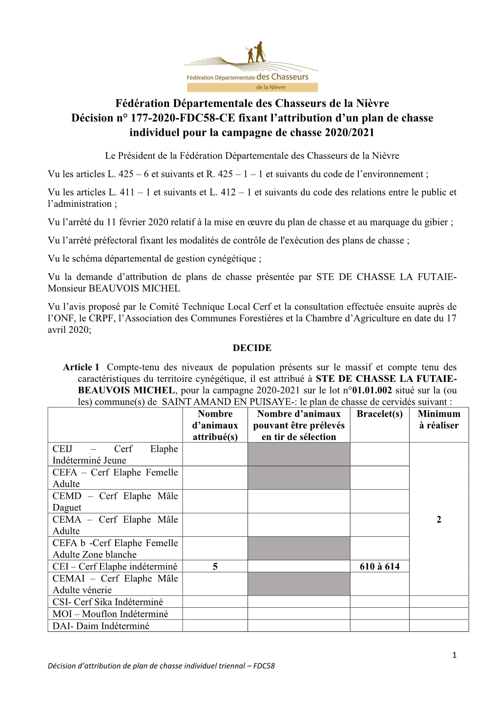 Plan De Chasse Grands Cervidés