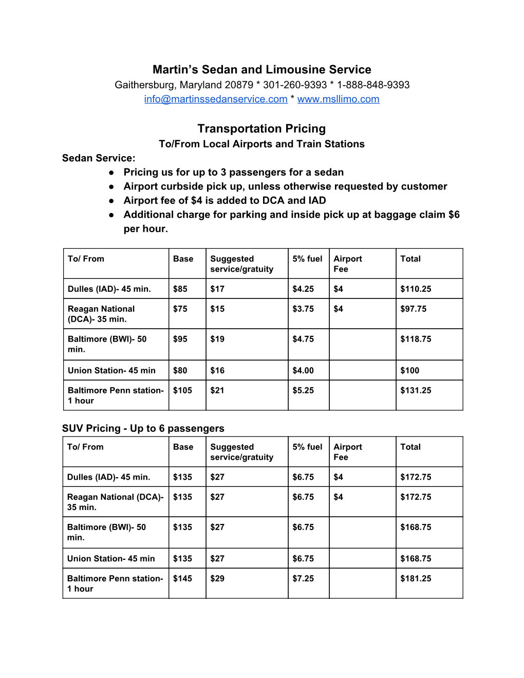 Martin's Sedan and Limousine Service Transportation Pricing