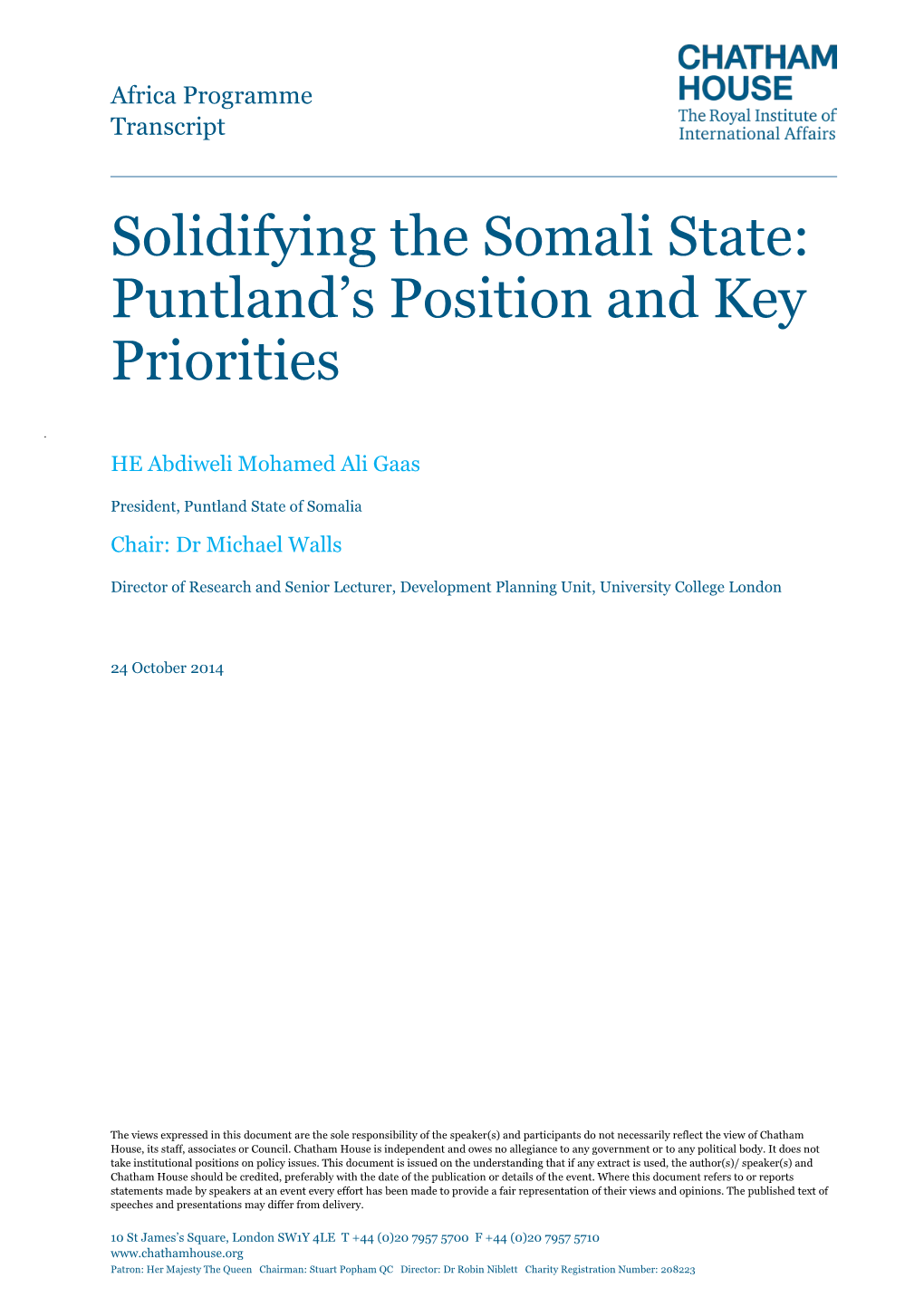 Solidifying the Somali State: Puntland's Position and Key Priorities