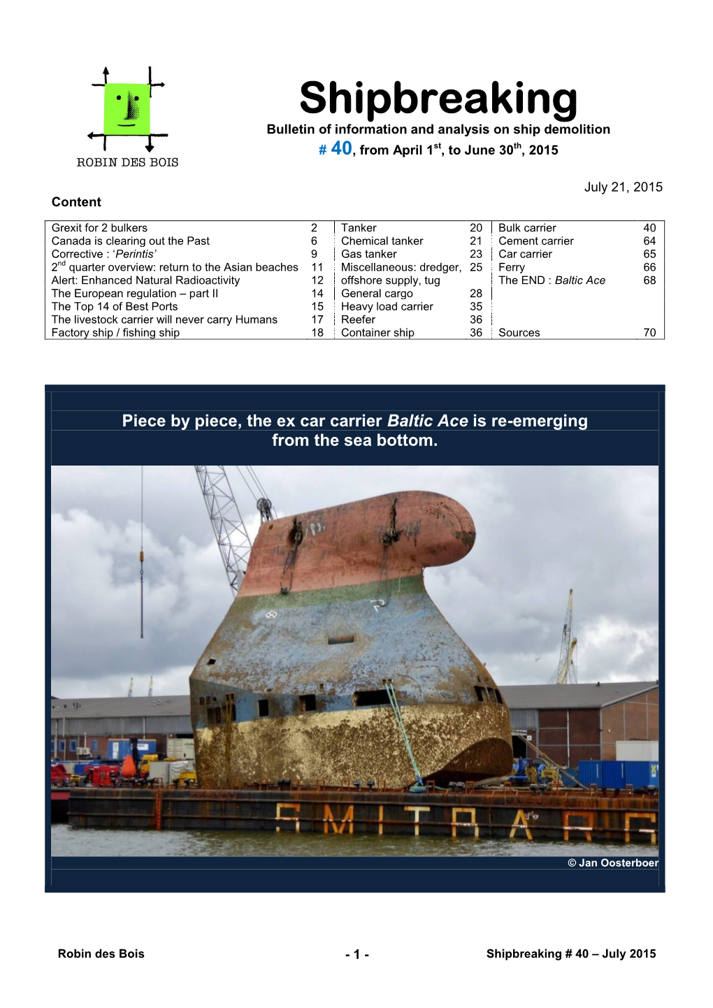 Shipbreaking Bulletin of Information and Analysis on Ship Demolition # 40, from April 1St, to June 30Th, 2015