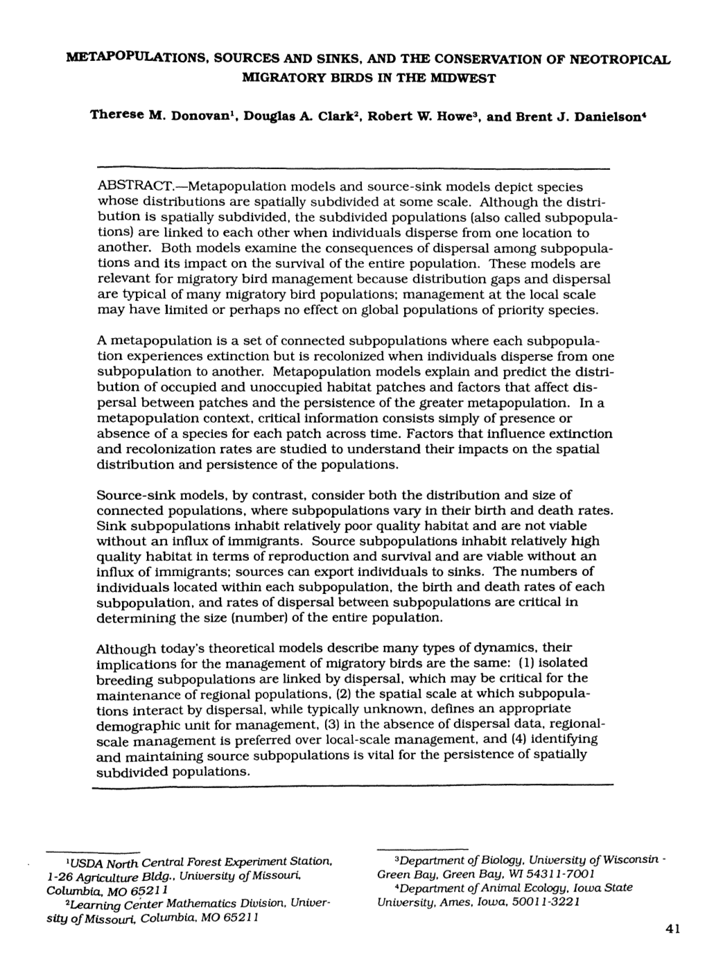 Metapopui Tions, Sources and Sinks, and the Conservation of Nf Tropical Migratory Birds in the Midwest