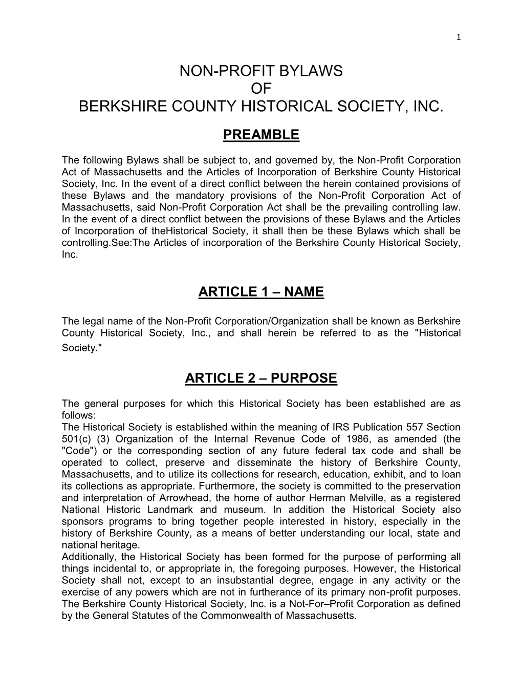 Non-Profit Bylaws of Berkshire County Historical Society, Inc