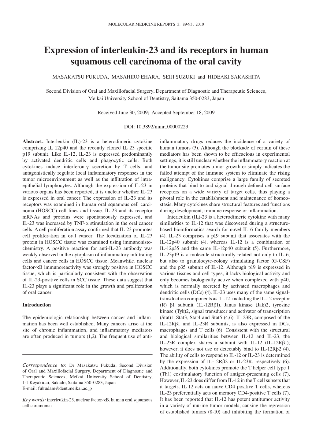 Expression of Interleukin-23 and Its Receptors in Human Squamous Cell Carcinoma of the Oral Cavity