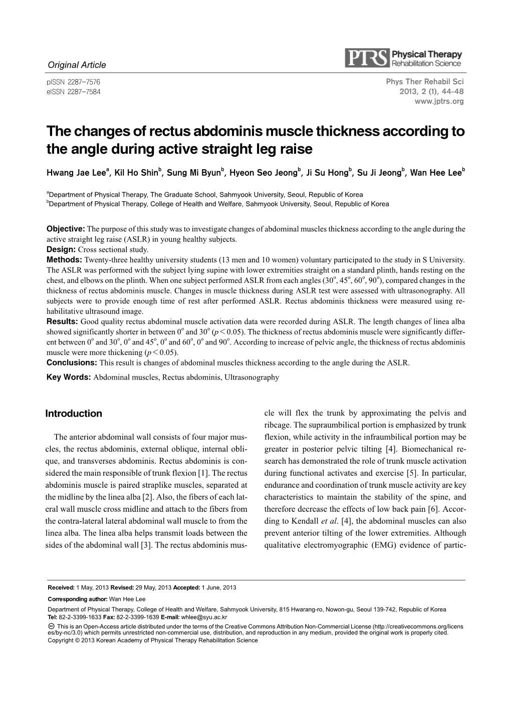 The Changes of Rectus Abdominis Muscle Thickness According to the Angle During Active Straight Leg Raise