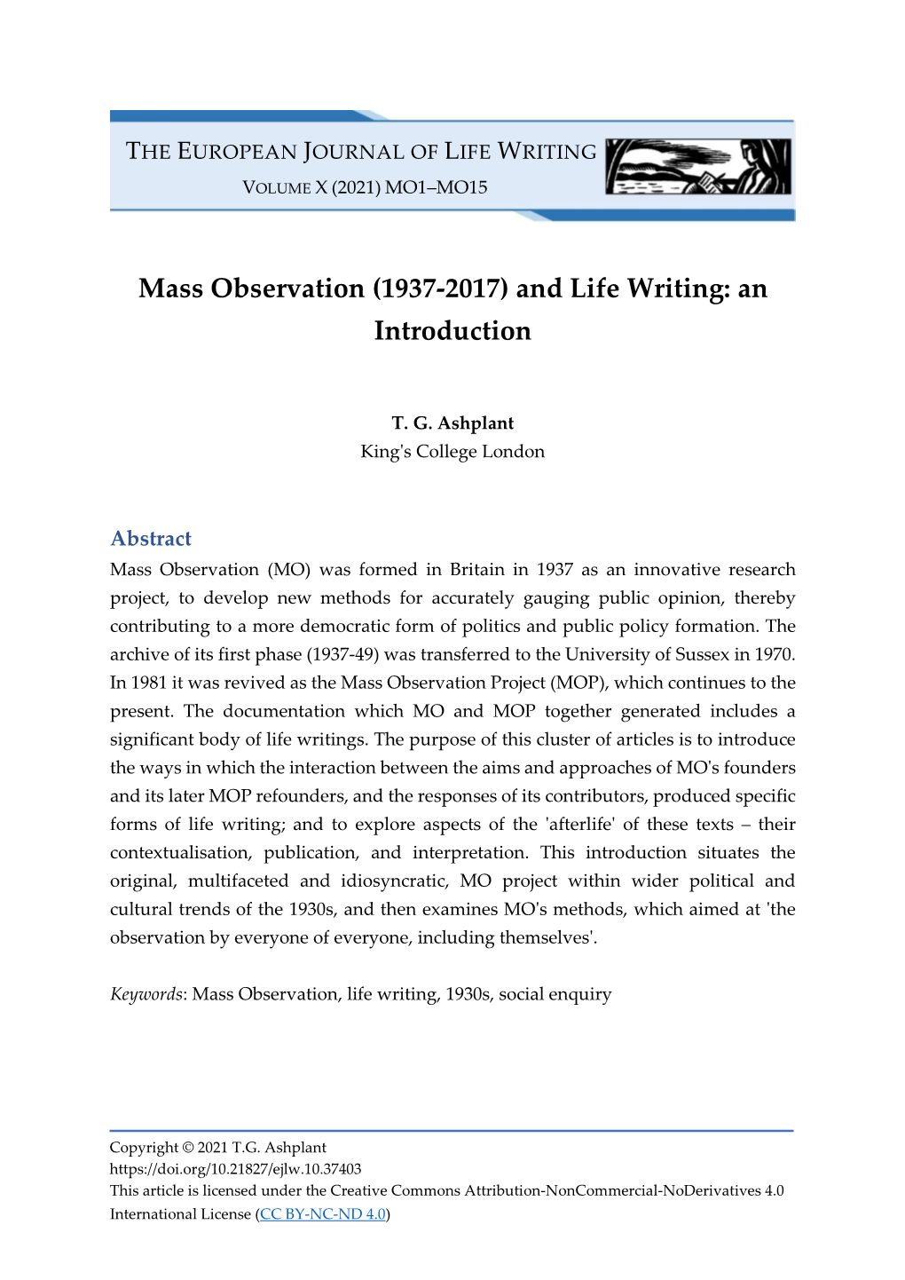 Mass Observation (1937-2017) and Life Writing: an Introduction