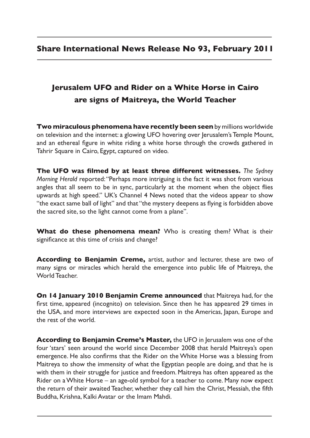 Share International News Release No 93, February 2011