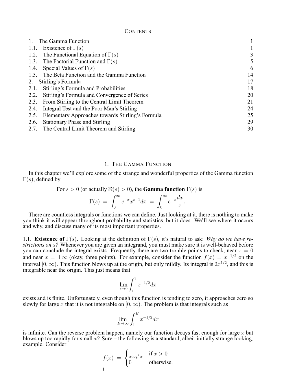 1. the Gamma Function 1 1.1. Existence of Γ(S) 1 1.2