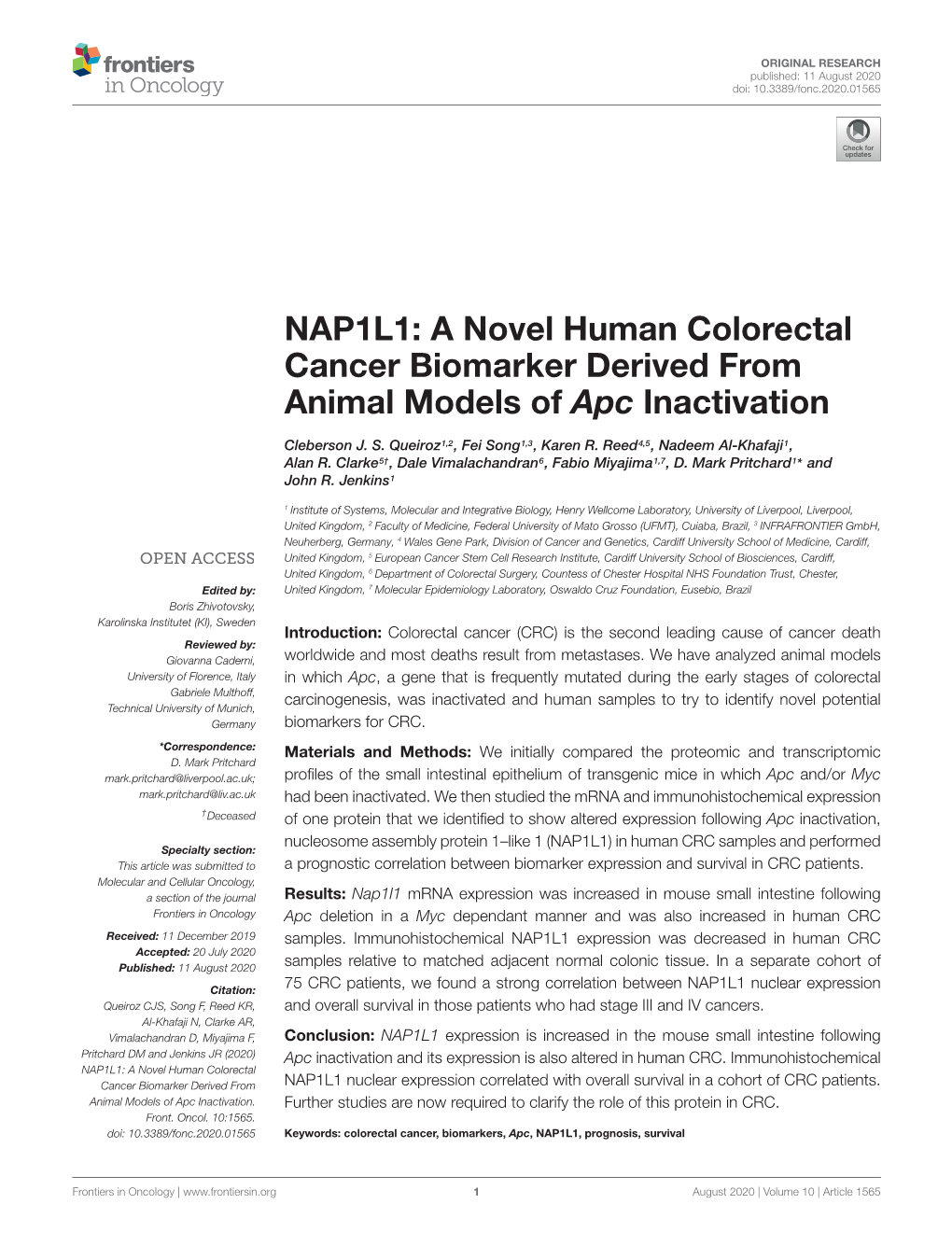 NAP1L1: a Novel Human Colorectal Cancer Biomarker Derived from Animal Models of Apc Inactivation