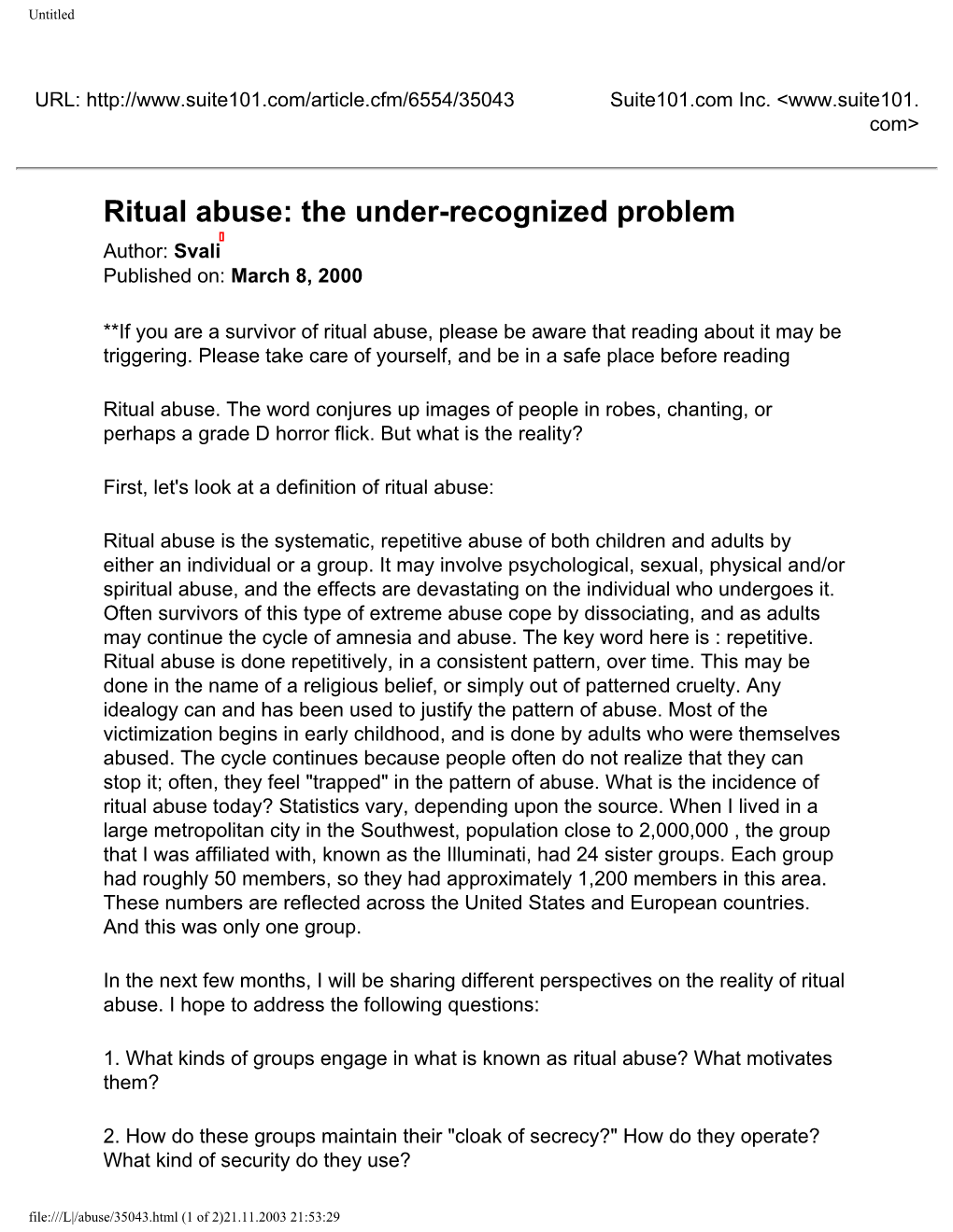 Ritual Abuse: the Under-Recognized Problem Author: Svali Published On: March 8, 2000