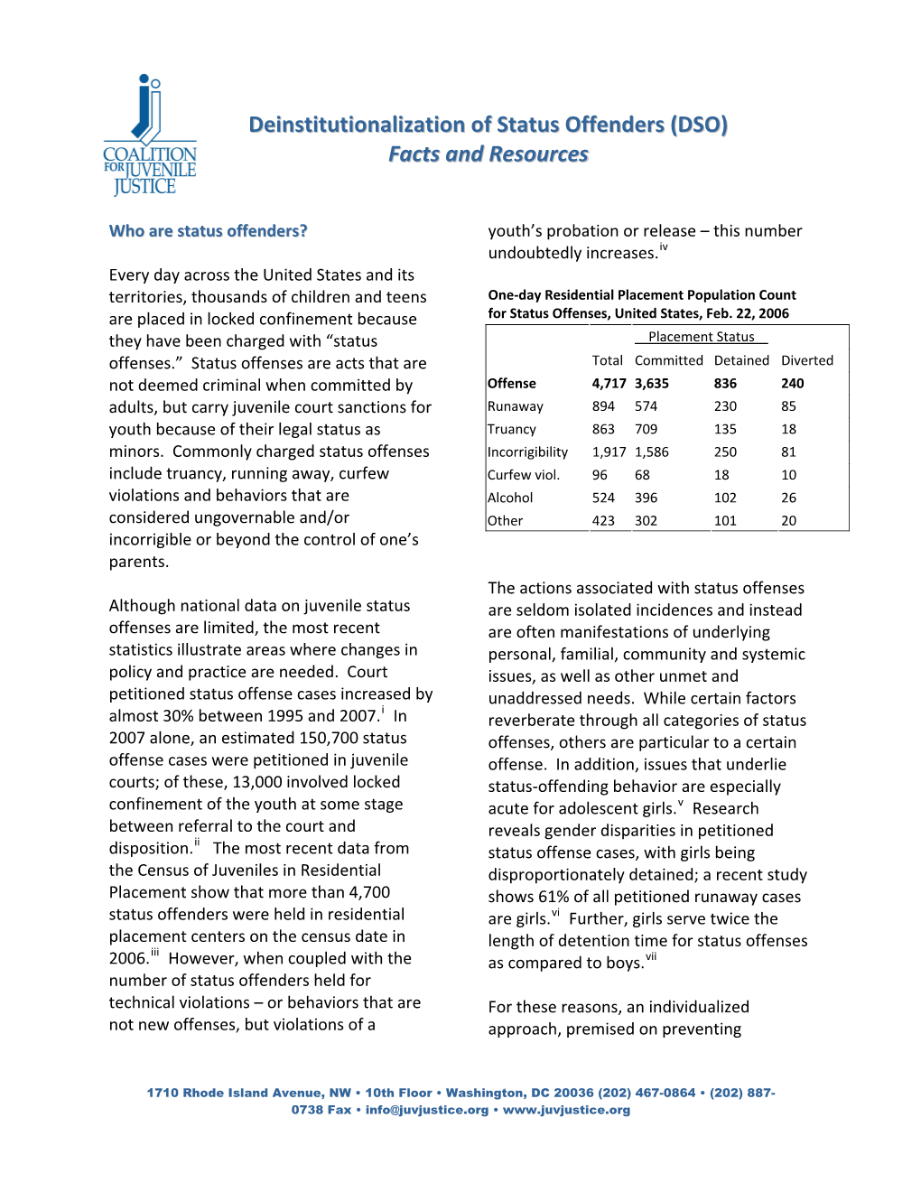 Deinstitutionalization of Status Offenders (DSO) Facts and Resources