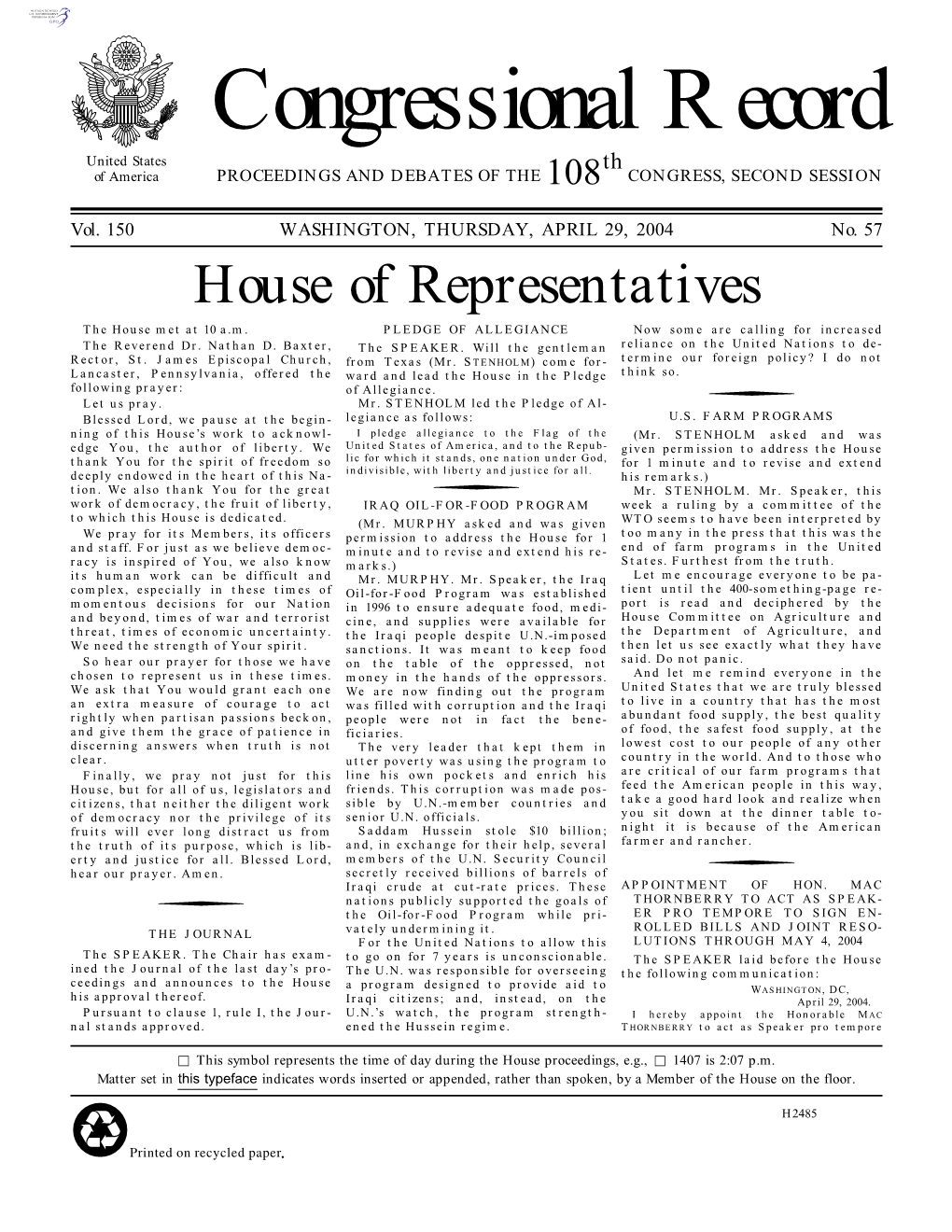 Congressional Record United States Th of America PROCEEDINGS and DEBATES of the 108 CONGRESS, SECOND SESSION