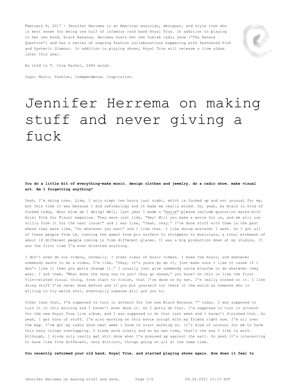 Jennifer Herrema on Making Stuff and Never Giving a Fuck