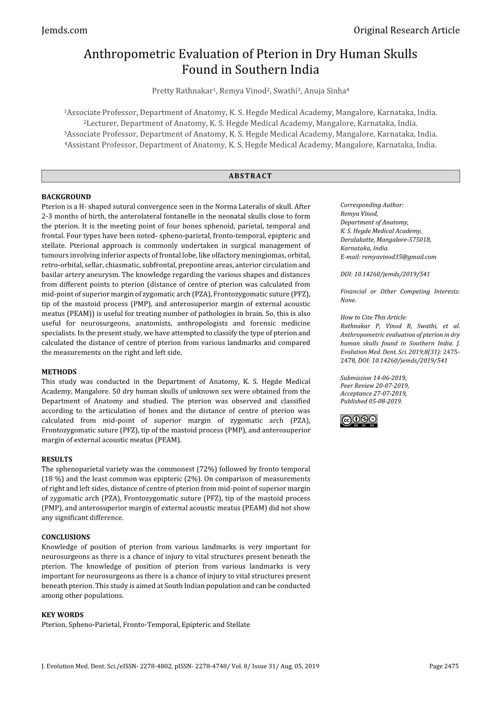 Anthropometric Evaluation of Pterion in Dry Human Skulls Found in Southern India