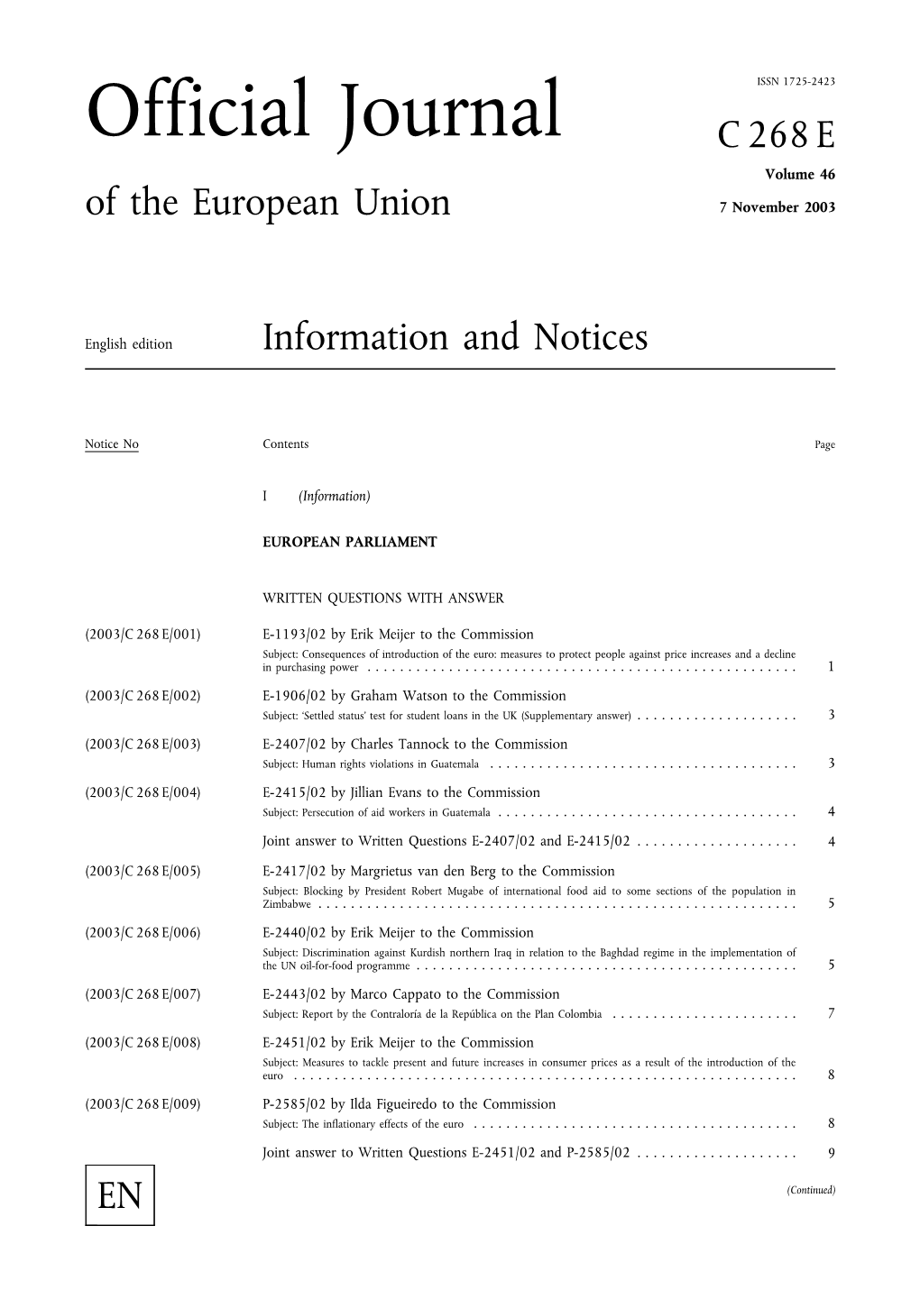 Official Journal C 268 E Volume 46 of the European Union 7 November 2003