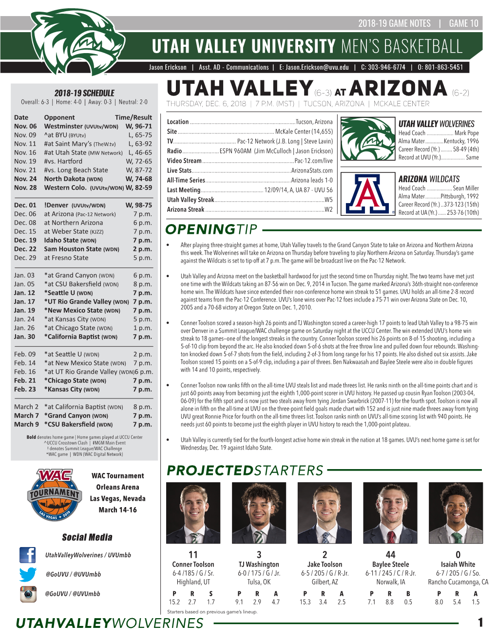 UTAH VALLEY(6-3) at Arizona (6-2) Overall: 6-3 | Home: 4-0 | Away: 0-3 | Neutral: 2-0 Thursday, Dec