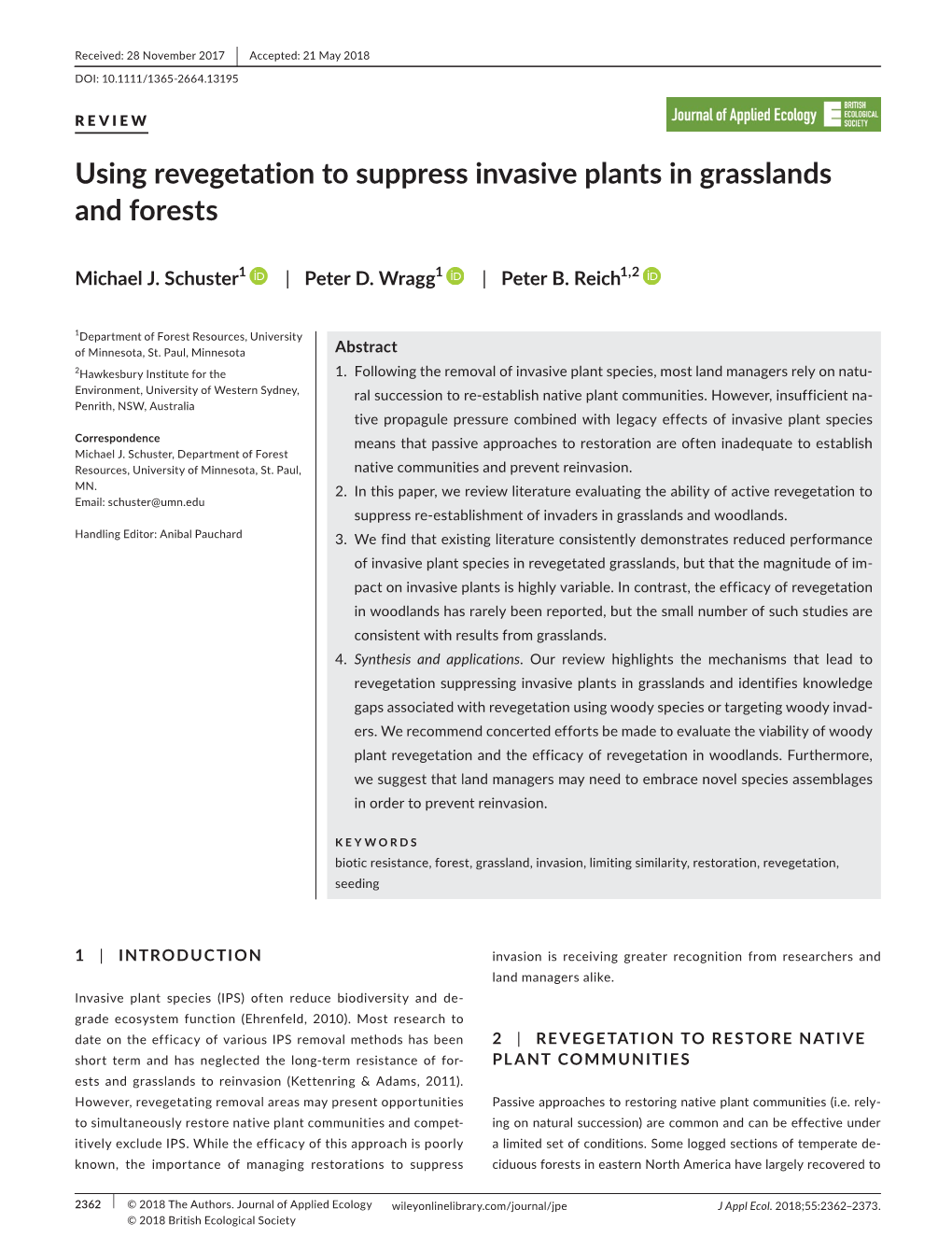 Using Revegetation to Suppress Invasive Plants in Grasslands and Forests