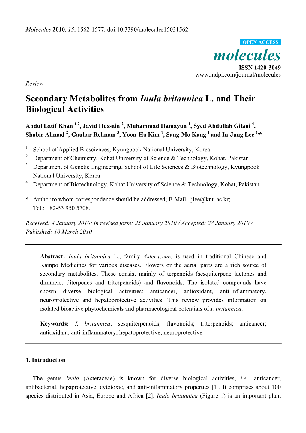 Secondary Metabolites from Inula Britannica L. and Their Biological Activities