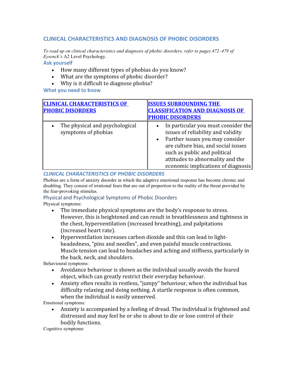 Clinical Characteristics and Diagnosis of Phobic Disorders