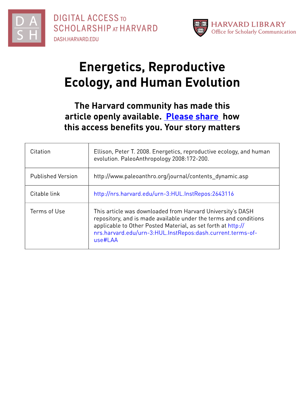 Energetics, Reproductive Ecology, and Human Evolution