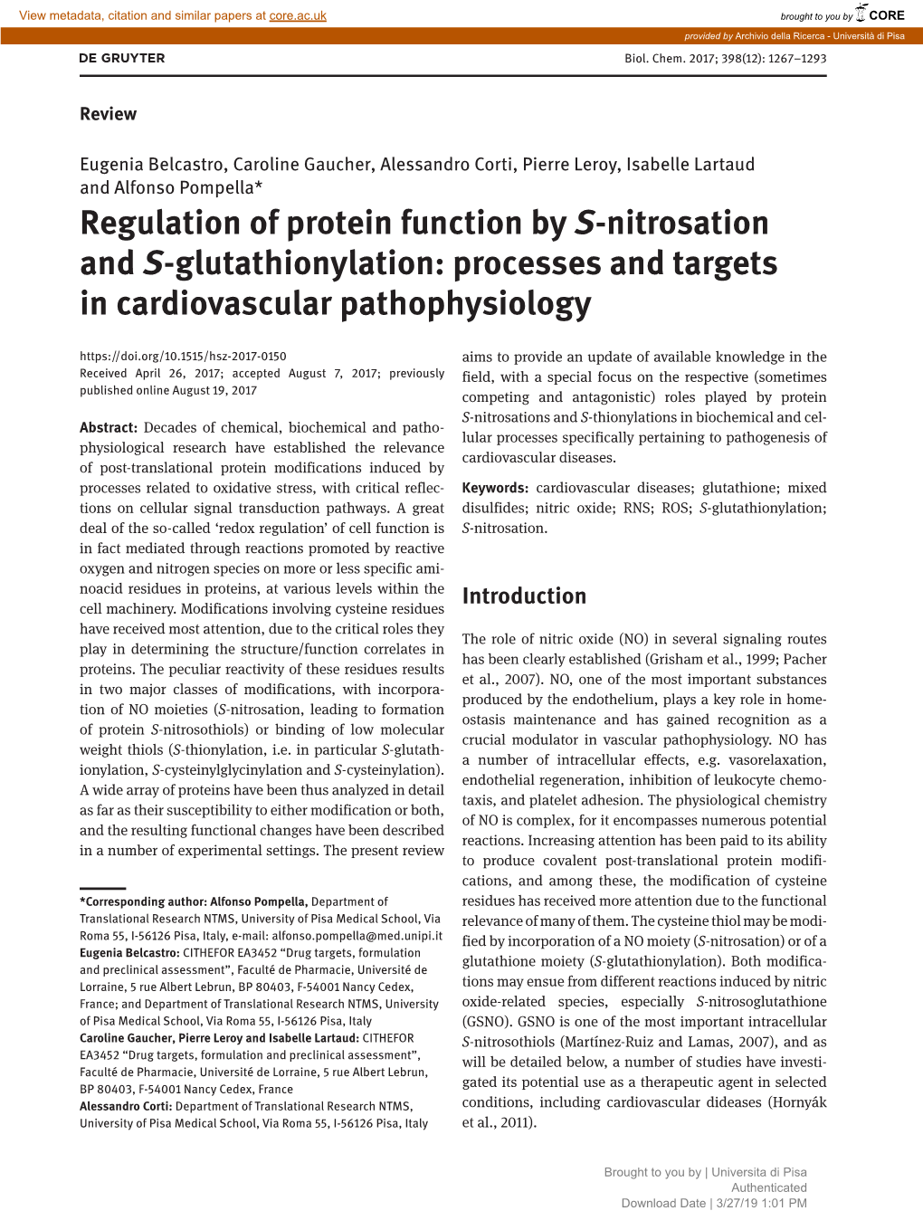 Regulation of Protein Function by S-Nitrosation and S-Glutathionylation: Processes and Targets in Cardiovascular Pathophysiology