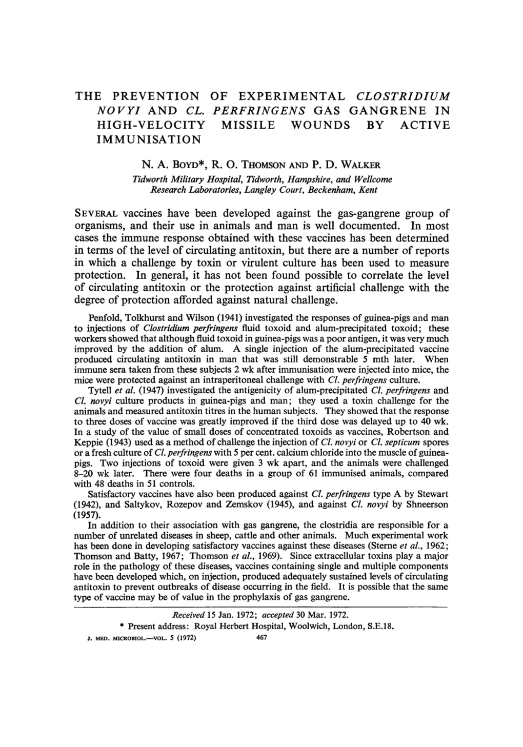 The Prevention of Experimental Clostridium Novyi and Cl. Perfringens Gas Gangrene in I M M Uni Sat1 0 N High-Velocity Missile Wo