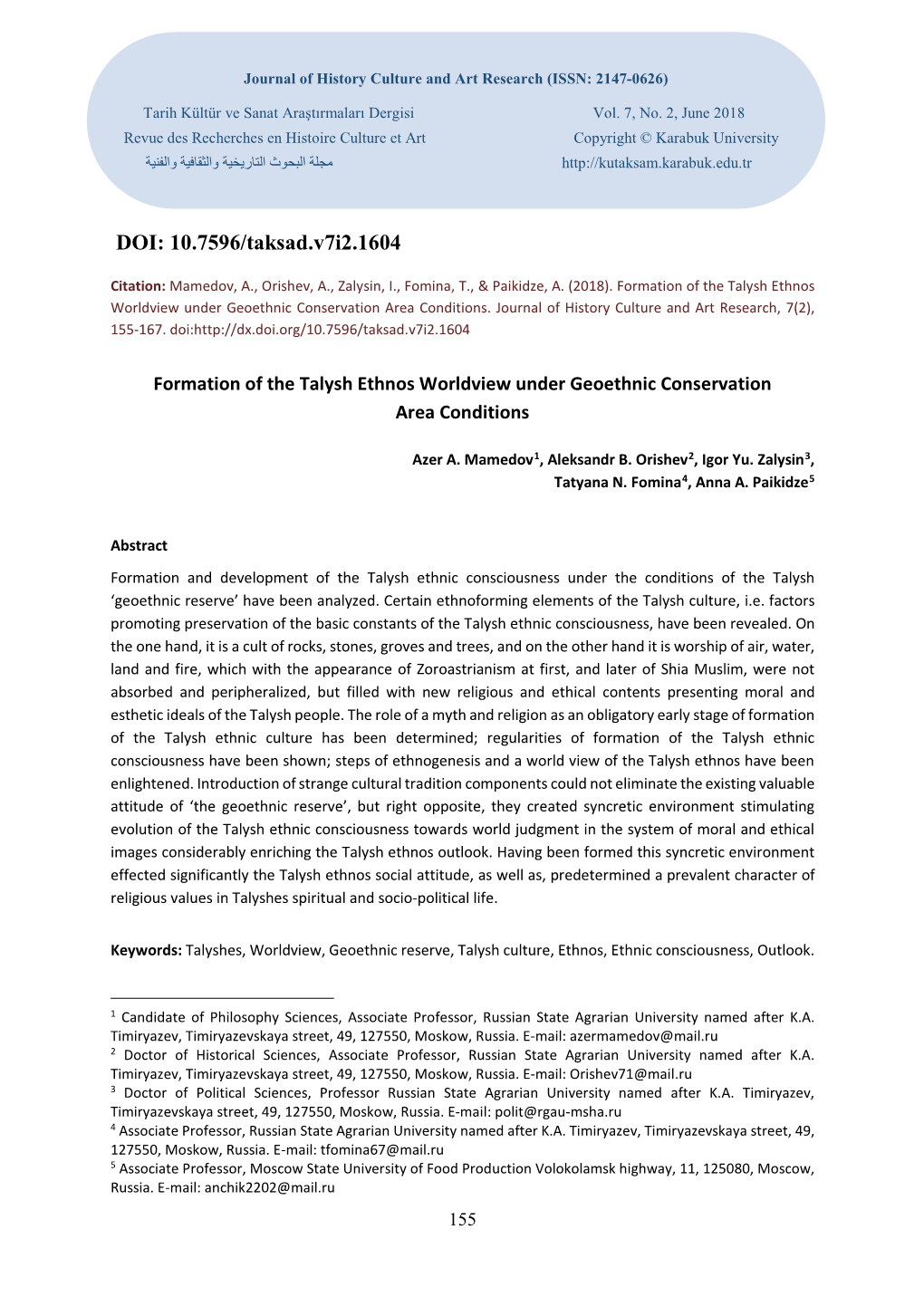 Formation of the Talysh Ethnos Worldview Under Geoethnic Conservation Area Conditions